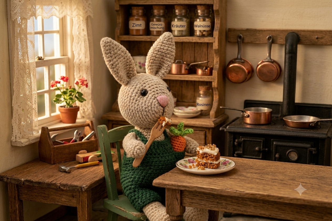 Gehäkelter beiger Hase mit grüner Latzhose und einer Karotte